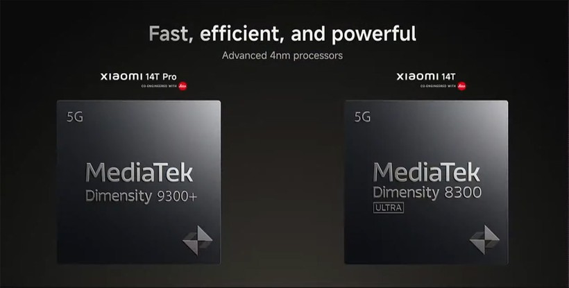 Cung cấp sức mạnh cho Xiaomi 14T là vi xử lý Dimensity 8300 Ultra, trong khi đó, trên Xiaomi 14T Pro được trang bị con chip mạnh mẽ hơn đôi chút là Dimensity 9300 Plus. Cả hai đều được kết hợp với dung lượng RAM lên đến 12 GB và dung lượng bộ nhớ trong tối đa 1 TB. Chip Xiaomi 14T.jpg