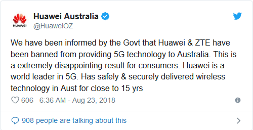 Huawei phản hồi sau tuyên bố chấm dứt hợp đồng của chính phủ Australia: "Chúng tôi đã được chính phủ thông báo về việc cấm Huawei và ZTE cung cấp công nghệ 5G tại Australia. Đây là điều cực kỳ đáng thất vọng với người tiêu dùng. Huawei là công ty đi đầu thế giới về công nghệ 5G, đã cung cấp công nghệ không dây an toàn và bảo mật cao cho Australia trong gần 15 năm". Ảnh: Twitter