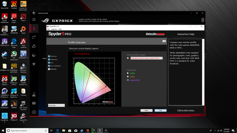 Kết quả kiểm tra khả năng hiện thị màu sắc trên hệ màu AdobeRGB.