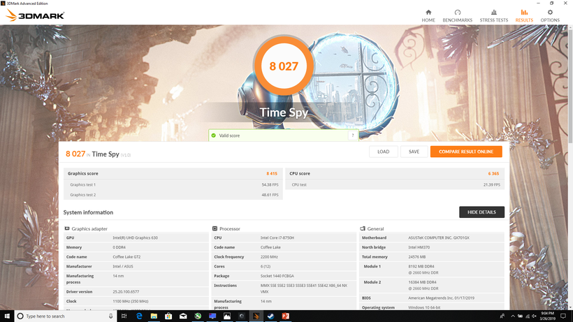Kết quả bài thử Time Spy trên GX701GX.