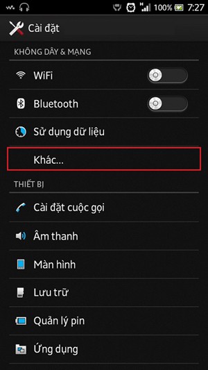Phát WiFi bằng điện thoại Android: Trước tiên bạn vào phần Settings (Cài đặt) của hệ điều hành Android và chọn Khác… (đóng khung đỏ).