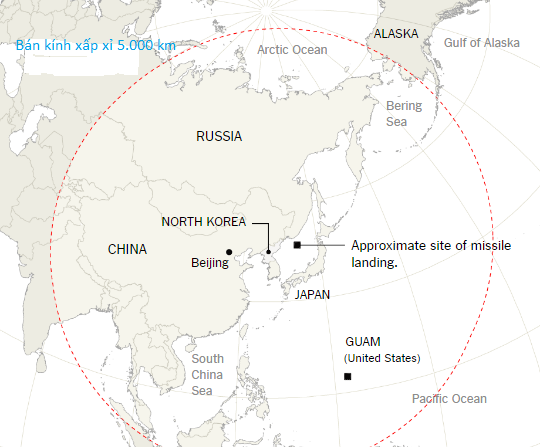 Minh họa các khu vực nằm trong vòng bán kính 5.000 km từ địa điểm phóng tên lửa