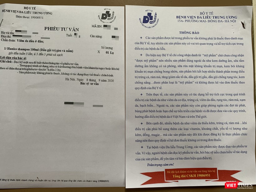 Phiếu tư vấn được tách riêng với các lưu ý rõ ràng cho người bệnh Đơn thuốc và phiếu tư vấn được tách riêng