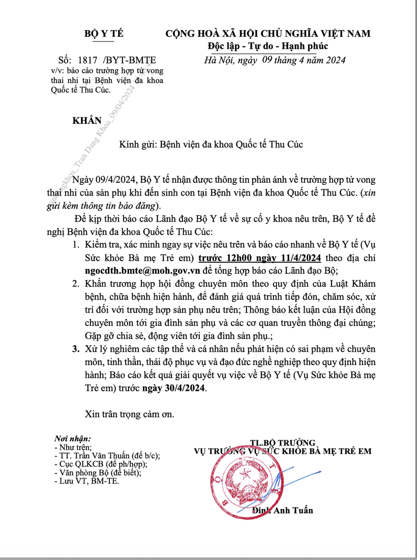 Công văn khẩn của Bộ Y tế yêu cầu Bệnh viện Đa khoa Quốc tế Thu Cúc báo cáo vụ việc CV.png
