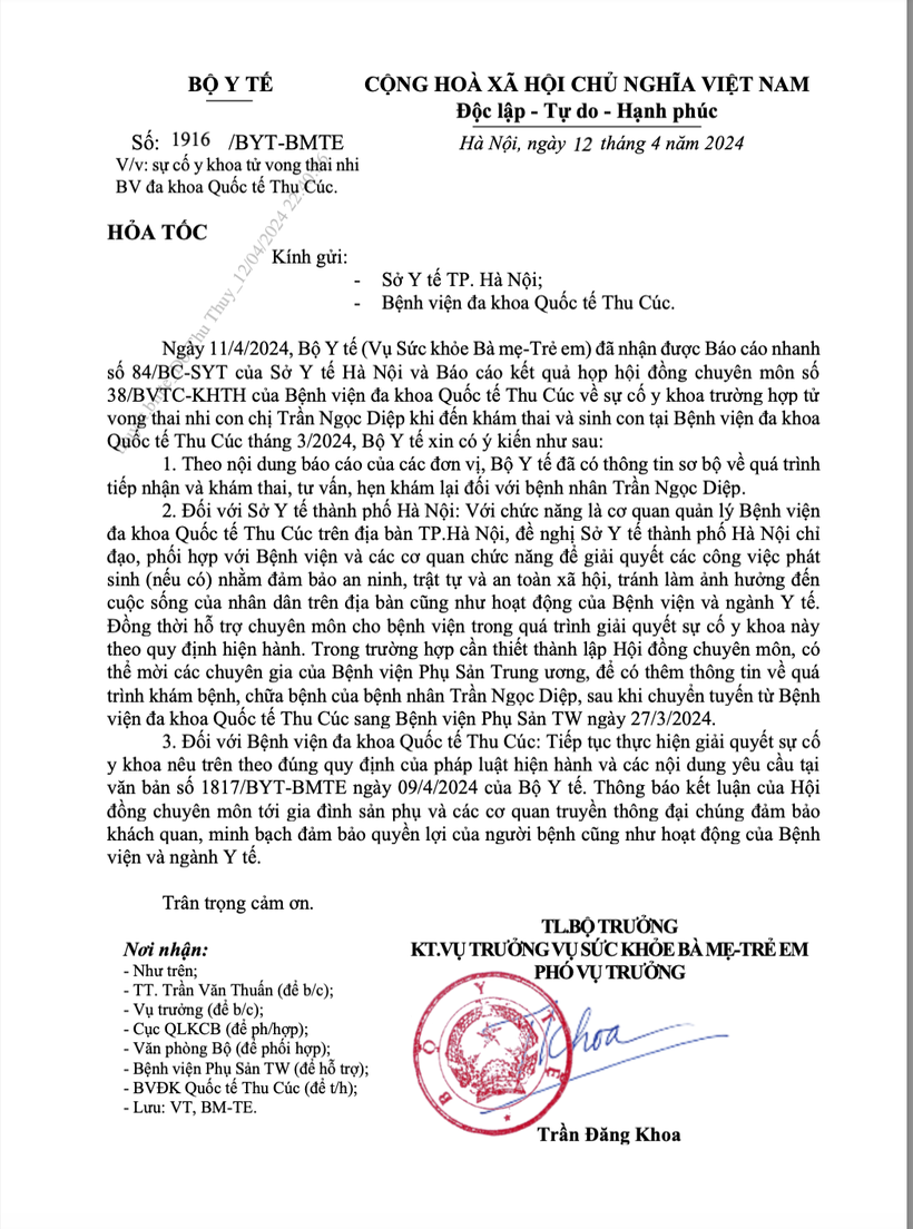 Công văn của Bộ Y tế chỉ đạo giải quyết vụ việc. CV ngay 12.4.24.png