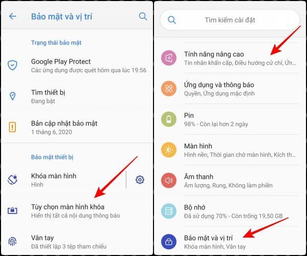 Thiết lập bảo mật khóa và định vị 