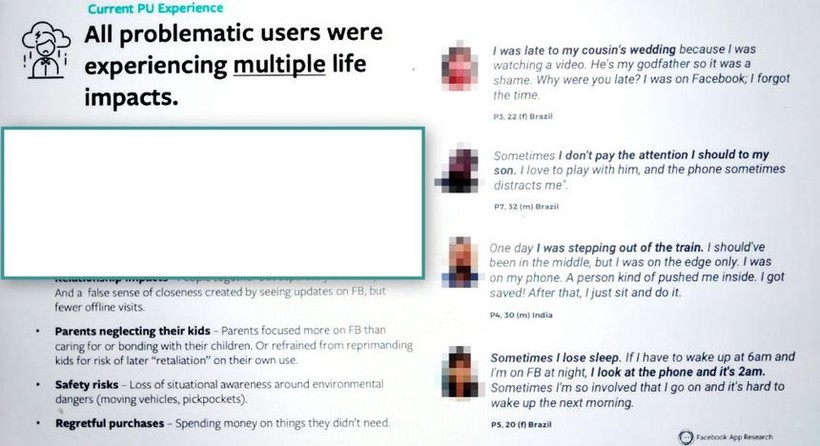 Tài liệu nội bộ của Facebook cho thấy nhiều ảnh hưởng tiêu cực của người dùng trên nền tảng. Ảnh: WSJ. Tài liệu nội bộ của Facebook cho thấy nhiều ảnh hưởng tiêu cực của người dùng trên nền tảng. Ảnh: WSJ.
