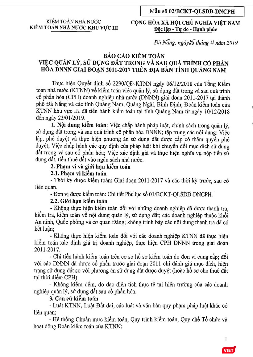 Báo cáo Kết luận kiểm toán của Kiểm toán nhà nước khu vực 3 đối với việc quản lý sử dụng đất trong và sau quá trình cổ phần hóa DNNN giai đoạn 2011-2017 trên địa bàn tỉnh Quảng Nam