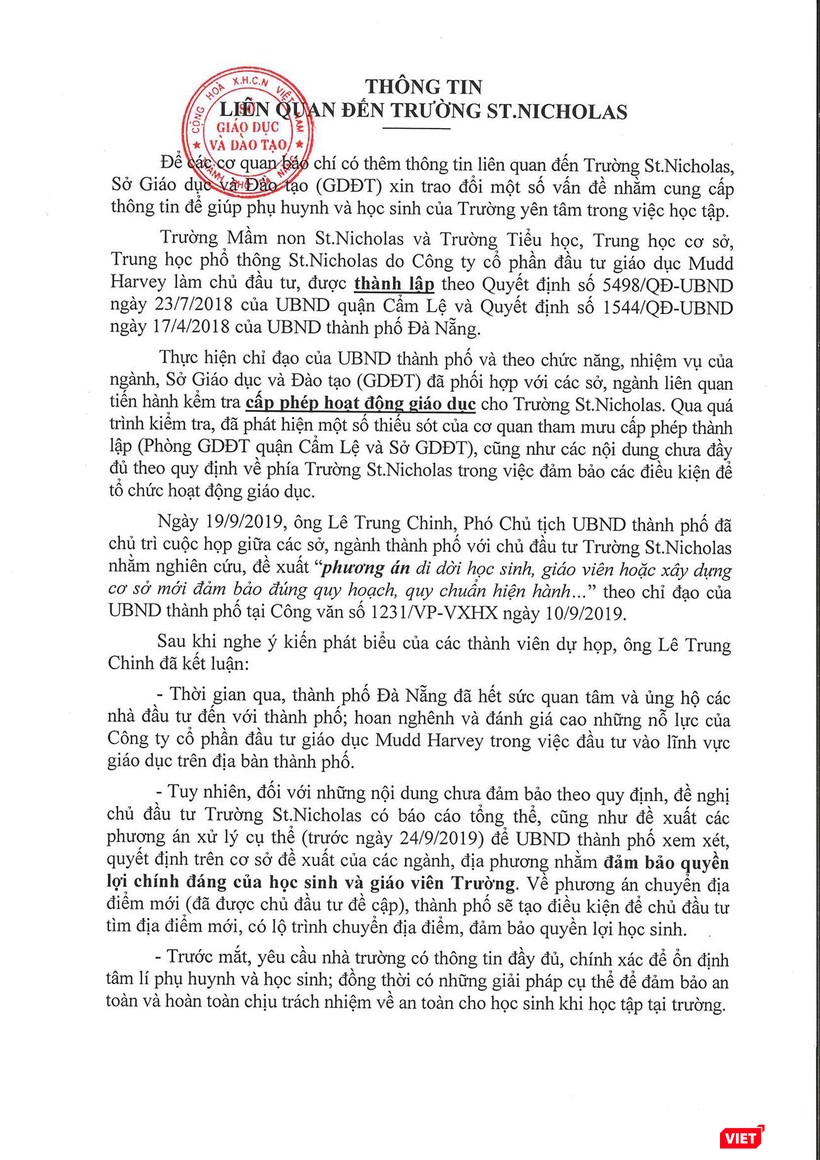 Văn bản mới nhất về sự việc ở Trường St.Nicholas sau chỉ đạo dừng hoạt động và di dời học sinh, giáo viên của Phó Chủ tịch thường trực UBND TP Đà Nẵng Đặng Việt Dũng