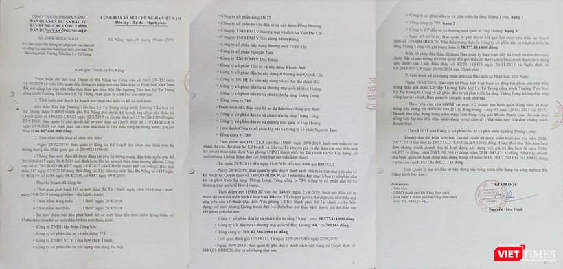 Báo cáo liên quan đến kết quả mở thầu dự án xây dựng Trường Tiểu học Lý Tự Trọng của Ban QLDA gửi Thành ủy Đà Nẵng