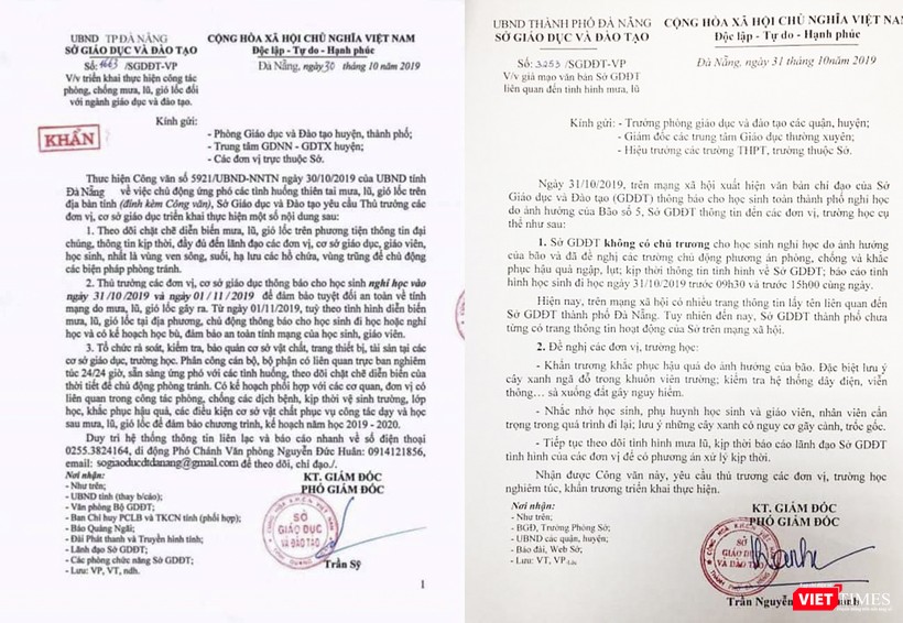 Văn bản thông báo cho học sinh nghỉ học giả mạo (trái) và văn bản thông tin của Sở GD&ĐT TP Đà Nẵng (phải) về vụ việc