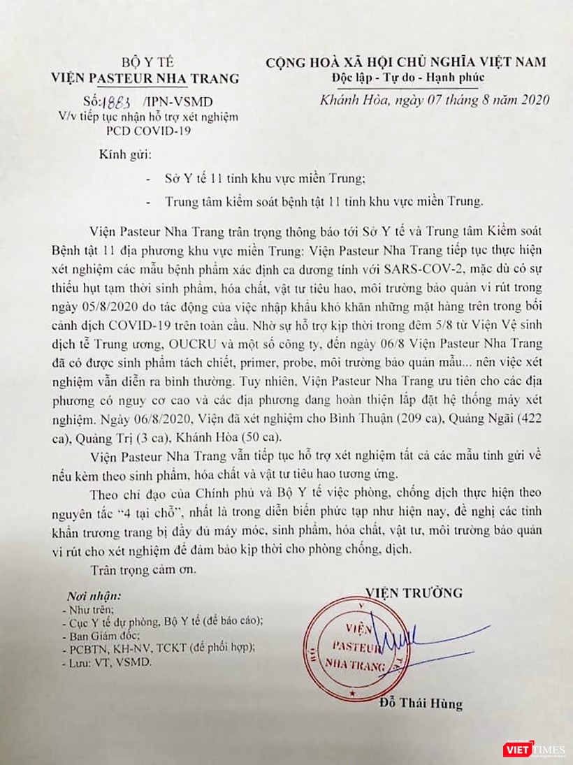 Văn bản tiếp tục tiếp nhận mẫu xét nghiệm COVID-19 của Viện Pasteur Nha Trang