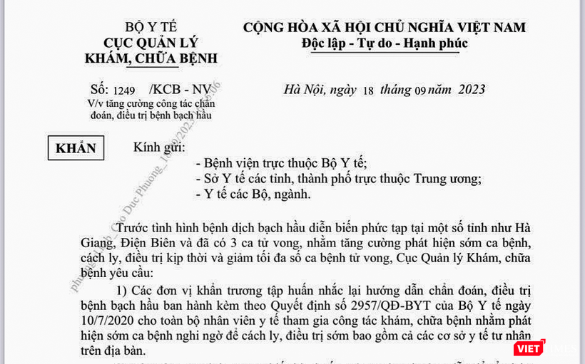 Văn bản chỉ đạo khẩn của Bộ Y tế trước tình trạng dịch bạch cầu diễn biến phức tạp tại 1 số tỉnh phía Bắc.
