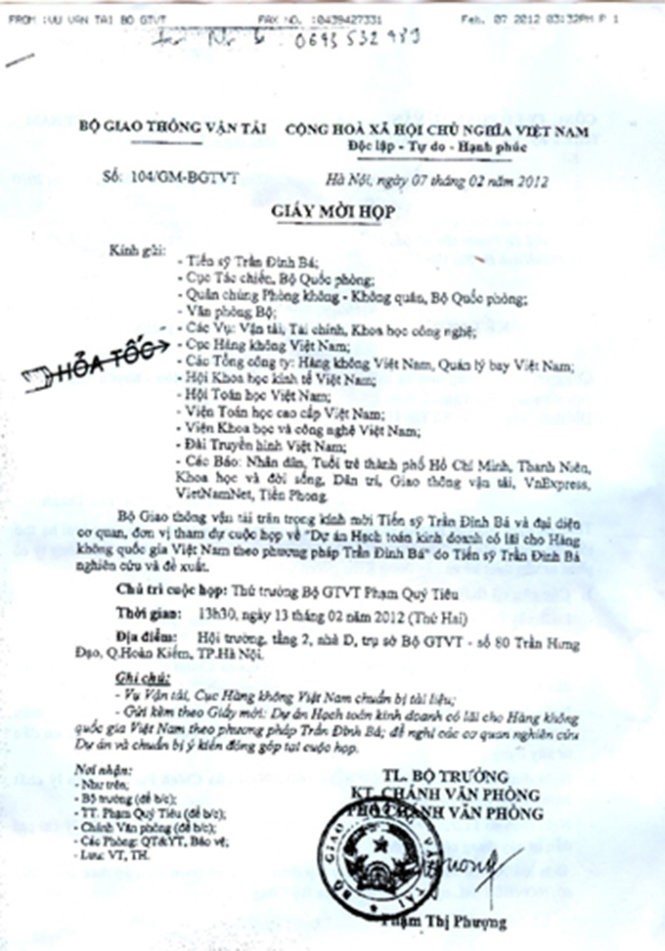 Thư mời của Bộ GTVT gửi ông Trần Đình Bá - hình ảnh do ông Trần Đình Bá cung cấp Thư mời của Bộ GTVT gửi ông Trần Đình Bá - hình ảnh do ông Trần Đình Bá cung cấp