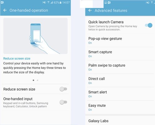 Chức năng sử dụng máy với một tay và các chức năng thú vị khác của Galaxy S7.