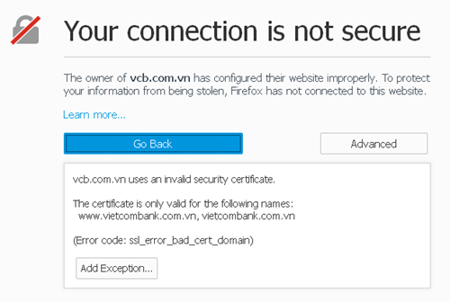 Thông báo lỗi liên quan đến chứng thực đối với địa chỉ www.vcb.com.vn. Thông báo lỗi liên quan đến chứng thực đối với địa chỉ www.vcb.com.vn.