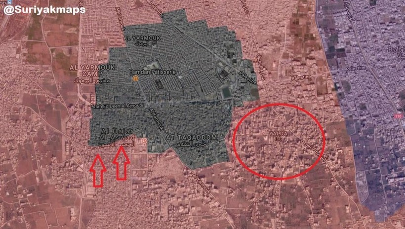 Các mũi tiến công của quân đội Syria trong khu vực quận Yarrmouk ngày 07.03.2018. Ảnh South Front