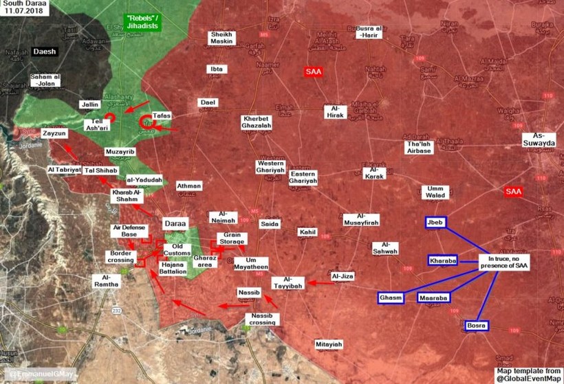 Chiến trường thành phố Daraa tính đễn ngayf 12.07.2018 theo Masdar News