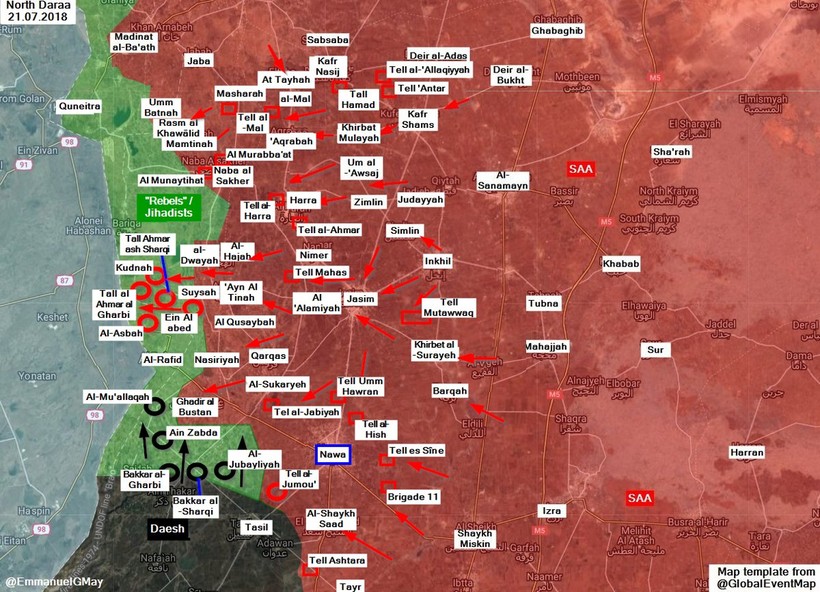 Các mũi tiến công của quân đội Syria và IS trên chiến trường tỉnh Al-Quneitra. Ảnh South Front