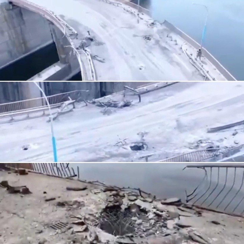 Kết quả của một сuộc pháo kích của quân đội Ukraine vào một cây cầu ở khu vực nhà máy thủy điện Kakhovka , ngày 10/8/2022. Ảnh Military Portal Ukraine.