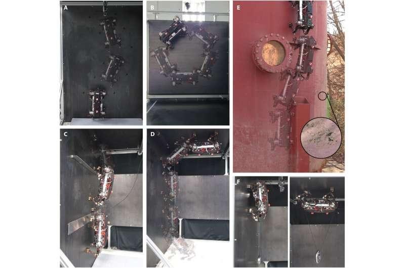 Marvel thực hiện các nhiệm vụ vận động khác nhau. (A) Chuyển động quay trên tường thẳng đứng. (B) Chuyển động quay trên trần nhà. (C) Vượt qua một khoảng không kim loại (10 cm) và một chướng ngại vật (5 cm). (D) Chuyển đổi từ sàn sang tường và từ tường lên trần. (E) Chuyển động thẳng đứng trên bể chứa, bề mặt bị bao phủ bằng sơn, rỉ sét và bụi. (F) Mang (trái) vật nặng 2 kg trên tường và (phải) vật nặng 3 kg trên trần nhà. Ảnh : Khoa học người máy (2022).