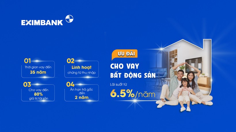 Eximbank cung cấp gói vay mua bất động sản với lãi suất hấp dẫn và chính sách vay dài hạn. 28042025_uu_dai_cho_vay_bds.jpg