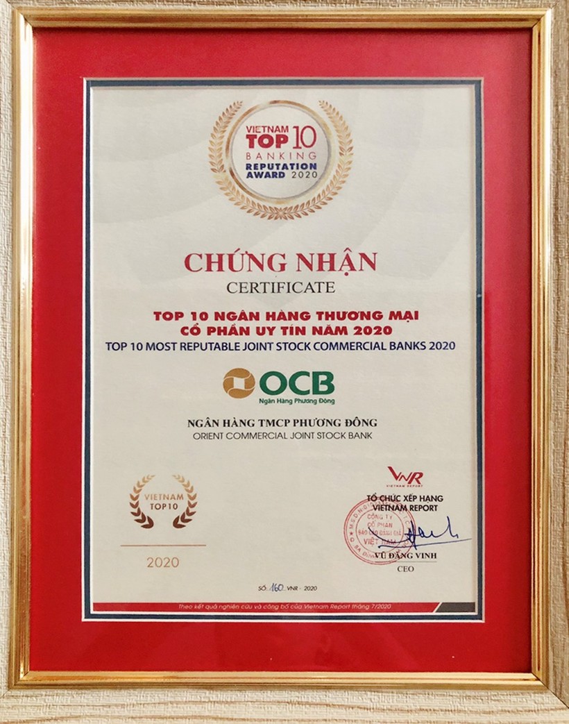 OCB được vinh danh Top 10 Ngân hàng thương mại Việt Nam uy tín năm 2020