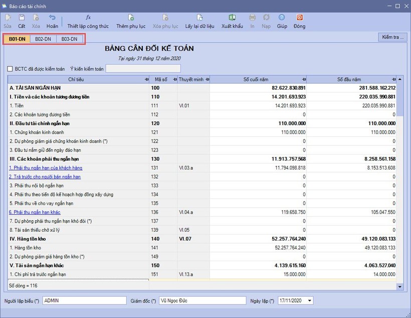 Mẫu báo cáo tài chính được tự động tổng hợp trên MISA SME.NET 2020