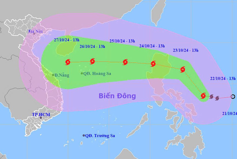 Hướng di chuyển của bão Trà Mi trên biển đông.