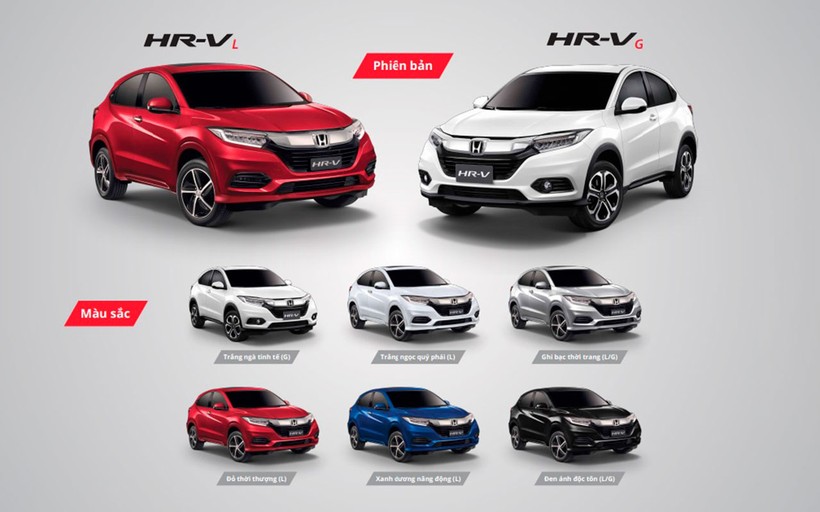 Honda HR-V có 2 phiên bản G và L với tùy chọn 6 màu sơn ngoại thất.