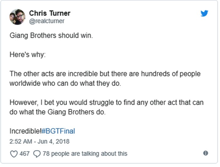 Anh em họ Giang nên được quán quân, bởi vì các tiết mục của thí sinh khác cũng rất đặc sắc, nhưng trên thế giới có nhiều người làm được như thế. Còn tiết mục của anh em họ Giang thì khó mà tìm được người thứ hai