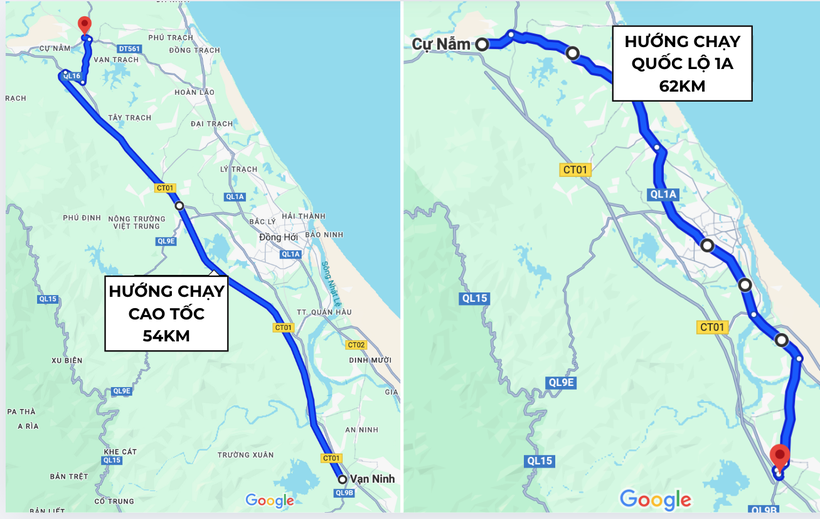 Tài xế ô tô đi trên cao tốc Bùng – Vạn Ninh (tuyến bên trái) có thể rút ngắn được 17 phút di chuyển so với lựa chọn đi trên hướng tuyến quốc lộ 1A cũ (tuyến bên phải) Tài xế ô tô đi trên cao tốc Bùng – Vạn Ninh (tuyến bên trái) có thể rút ngắn được 17 phút di chuyển so với lựa chọn đi trên hướng tuyến quốc lộ 1A cũ (tuyến bên phải)