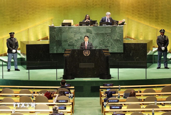 Chủ tịch nước Lương Cường phát biểu tại Phiên Thảo luận chung cấp cao Đại hội đồng Liên hợp quốc Khóa 80. Ảnh: Lâm Khánh/TTXVN