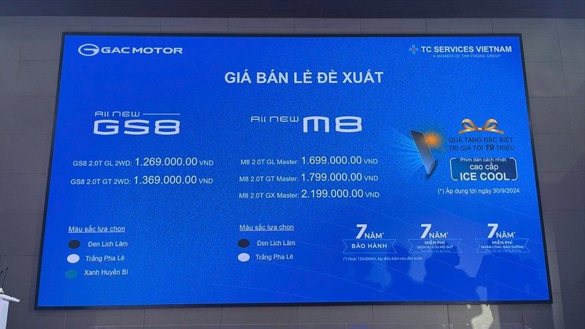Giá bán lẻ đề xuất và các phiên bản của bộ đôi GAC M8 và GS8 tại thị trường Việt Nam. (ảnh Hữu Huy).