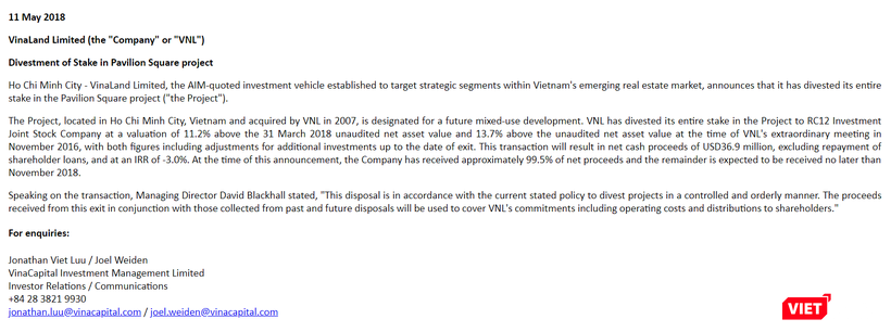 Thông báo thoái vốn của VNL. (Ảnh chụp màn hình)