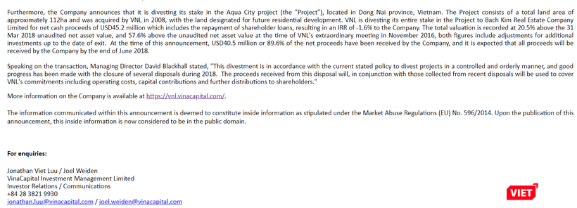 Công bố chuyển nhượng dự án Aqua City của VNL. (Ảnh chụp màn hình)
