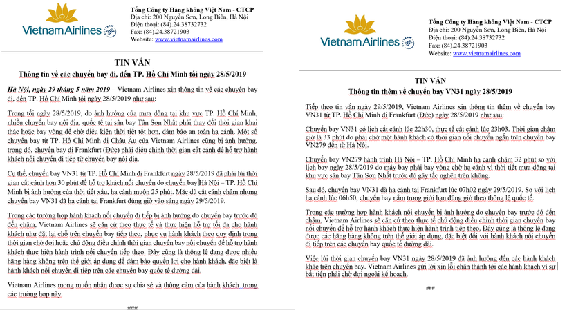Có một số khác biệt nhỏ tại 2 thông cáo mà VNA gửi đi vào ngày hôm qua và hôm nay.