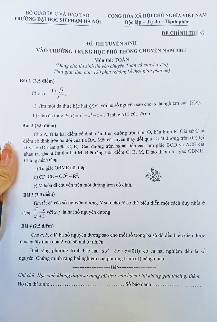 Đáp án đề thi Toán chuyên vào lớp 10 Trường Chuyên ĐH Sư phạm Hà Nội năm 2021 ảnh 1 Đáp án đề thi Toán chuyên vào lớp 10 Trường Chuyên ĐH Sư phạm Hà Nội năm 2021 ảnh 1