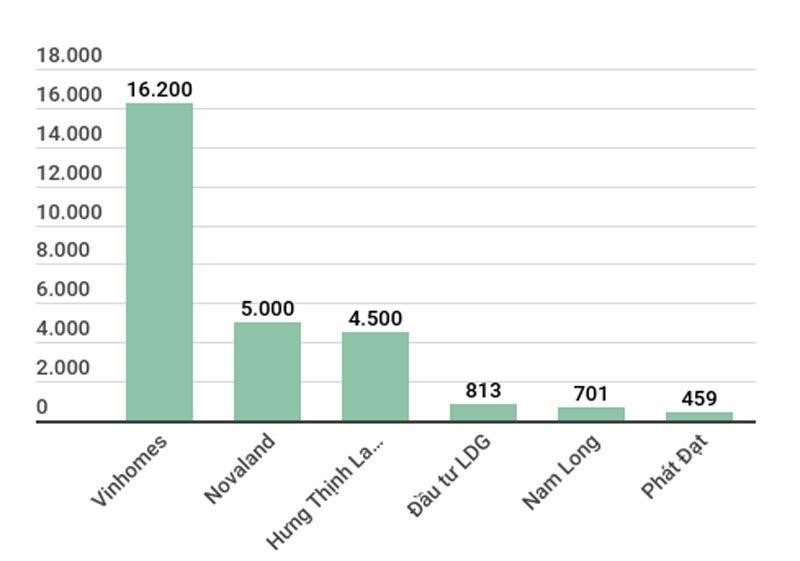 Các doanh nghiệp có quỹ đất lớn để phát triển dự án trên thị trường năm 2020. Đơn vị: héc-ta.