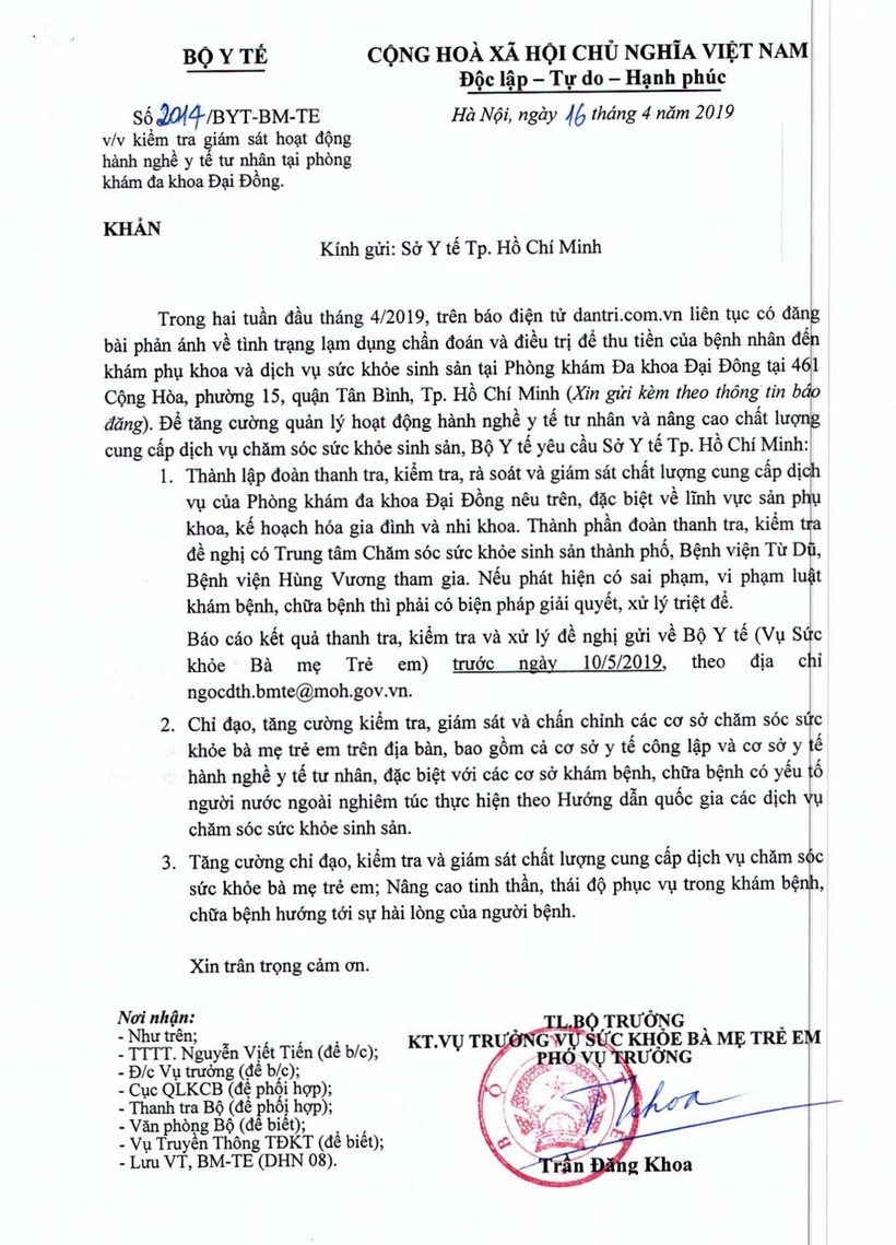 Công văn khẩn của Bộ Y tế yêu cầu lập đoàn thanh tra, kiểm tra, xử lý phòng khám Đa khoa Đại Đông