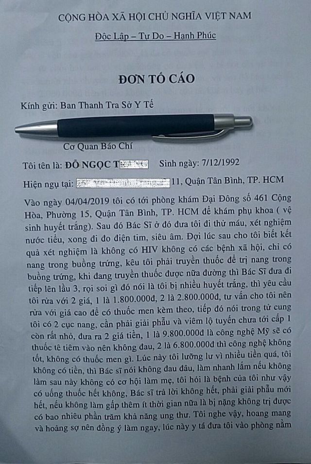 Đơn tố cáo của nữ bệnh nhân Đỗ Ngọc Tr.