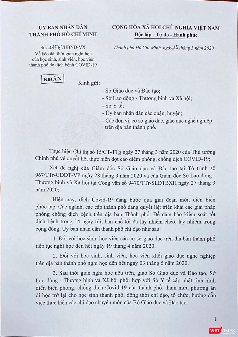 Công văn của Sở Y tế TP.HCM gửi Sở GD&ĐT và Sở Lao động Thương binh & Xã hội, ký ngày 28/3