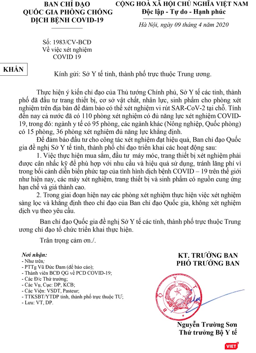 Công văn khẩn không cho phép xét nghiệm COVID theo yêu cầu