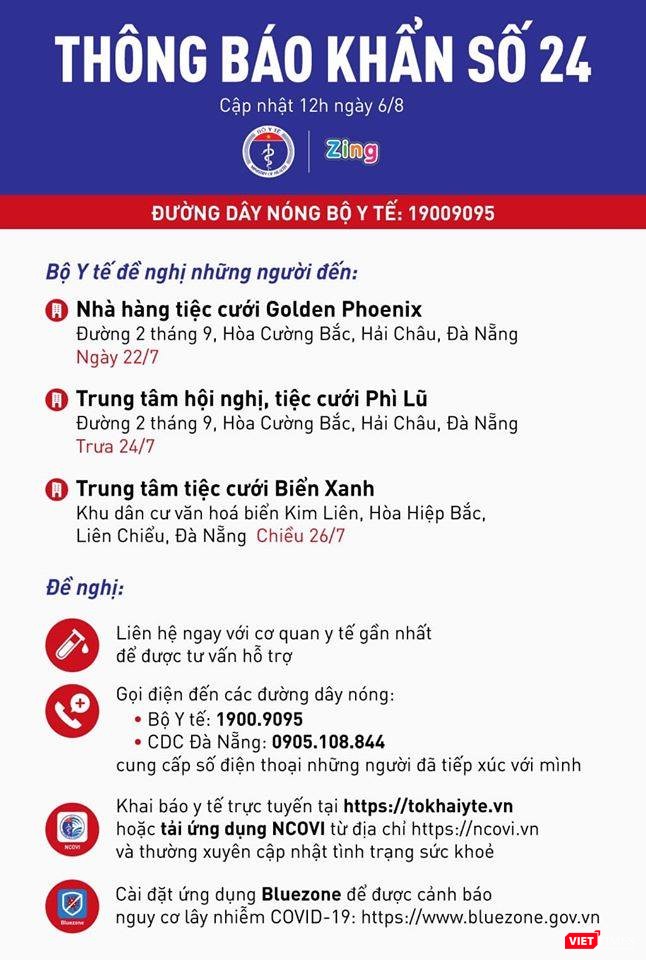 Thông báo khẩn số 24 tìm người đến 3 Trung tâm tiệc cưới (Ảnh: BYT) 