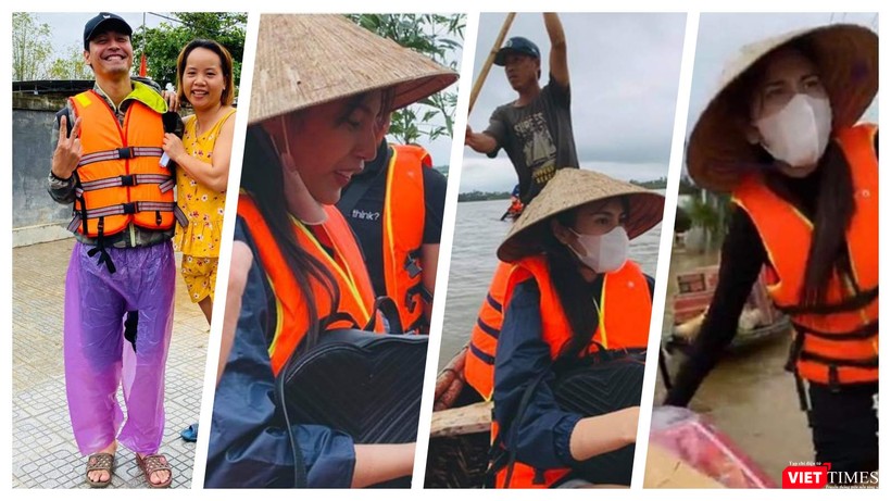 Rất nhiều sao Việt đang mang hàng cứu trợ về tới tay bà con vùng lũ (Ảnh: Hoà Bình ghép)