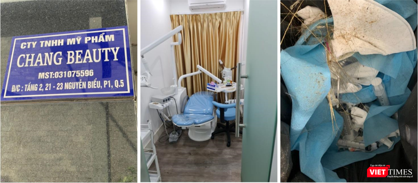 Bên dưới chung cư là biển hiệu “Công ty TNHH Mỹ phẩm Chang Beauty”, tại tầng 2 chung cư là cơ sở dịch vụ thẩm mỹ nhưng có chứng cứ của phẫu thuật thẩm mỹ trái phép (Ảnh: SYT)