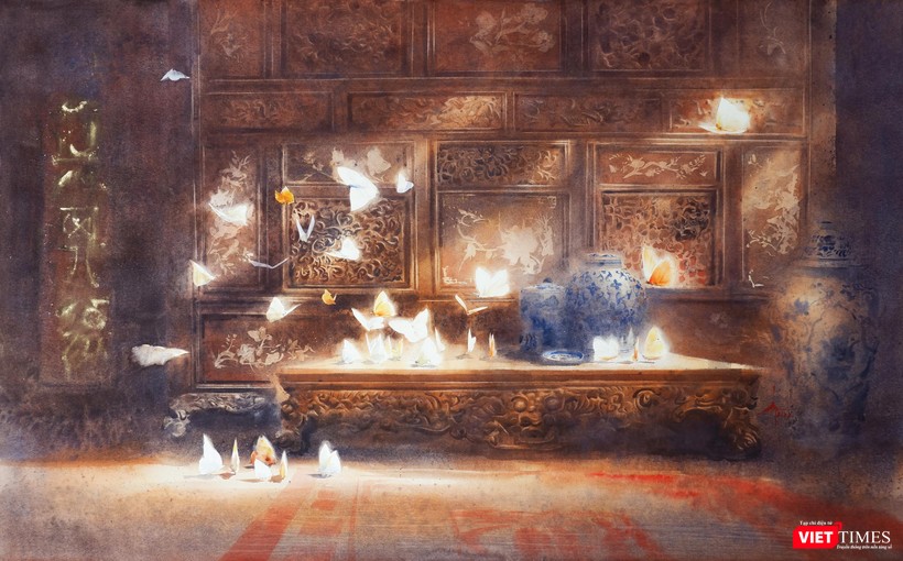 Tác phẩm Cánh bướm lửa đèn (màu nước trên giấy, 100cm x 160cm, 2021)
