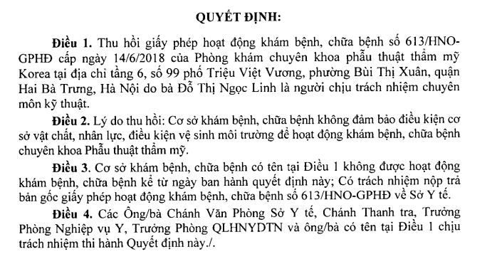 Quyết định thu hồi giấy phép hoạt động của Phòng khám Korea