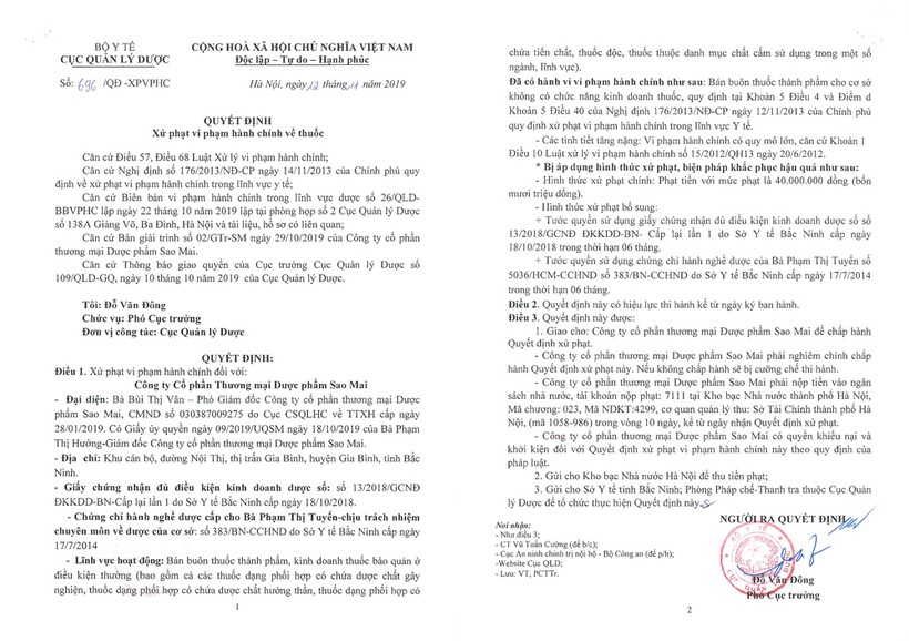 Toàn văn quyết định xử phạt Công ty Cổ phần Thương mại Dược phẩm Sao Mai của Cục Quản lý Dược