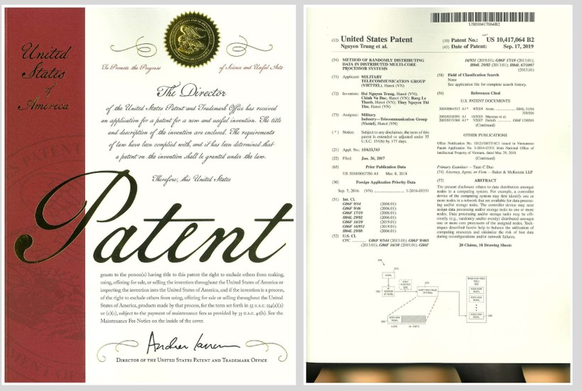 Bằng bảo hộ độc quyền do Cơ quan Sáng chế và Nhãn hiệu Hoa kỳ cấp.